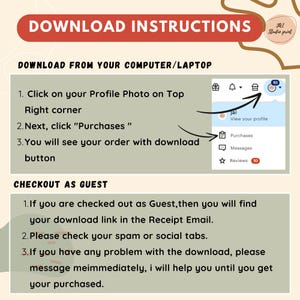 May include: A digital download instructions graphic with text in a red banner that reads "DOWNLOAD INSTRUCTIONS." Instructions include steps for downloading from a computer and for guest checkout. A profile icon is highlighted.