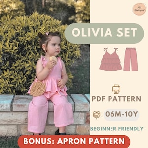 以下が含まれることがあります： ピンクのリネン製「Olivia Set」の衣装を着た子供。ティアードトップとワイドレッグパンツが含まれています。画像には、衣装の図と「PDF Pattern」、「06M-10Y」、「Beginner Friendly」のテキストも含まれています。