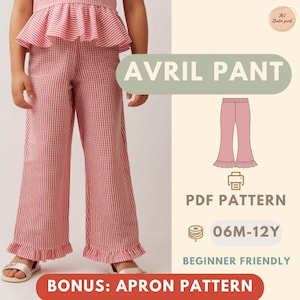 May include: Red and white striped Avril pants with a ruffled hem. The image includes a diagram of the pants, the text "AVRIL PANT", "PDF PATTERN", "06M-12Y", "BEGINNER FRIENDLY", and "BONUS: APRON PATTERN".