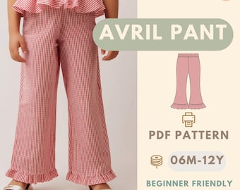 May include: Red and white striped Avril pants with a ruffled hem. The image includes a diagram of the pants, the text "AVRIL PANT", "PDF PATTERN", "06M-12Y", "BEGINNER FRIENDLY", and "BONUS: APRON PATTERN".