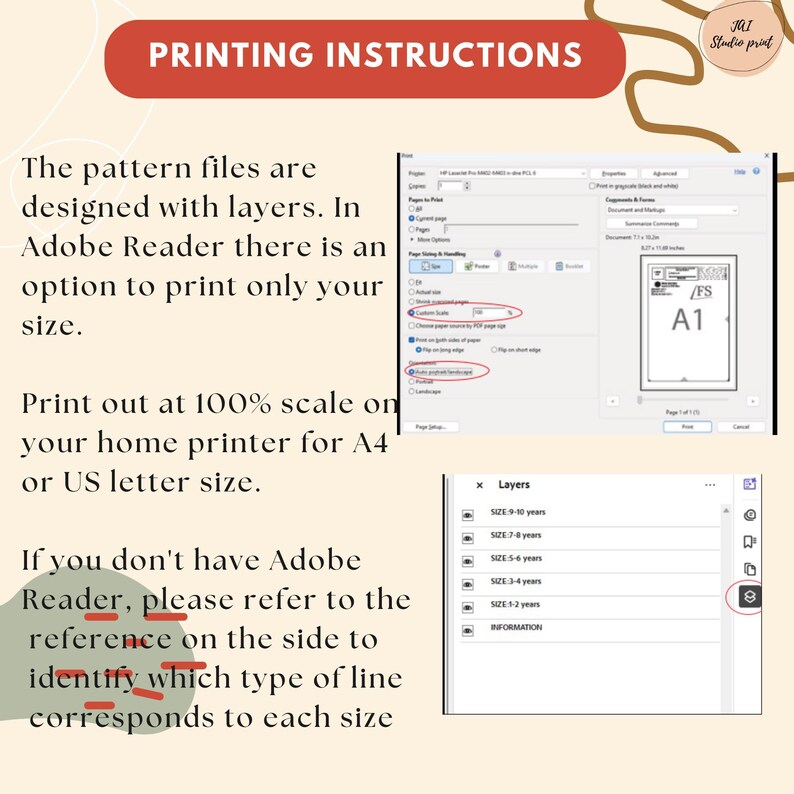 May include: Image detailing printing instructions for pattern files. The text advises printing at 100% scale for A4 or US letter size paper. A screenshot of Adobe Reader print settings is shown. A layers panel is also visible.