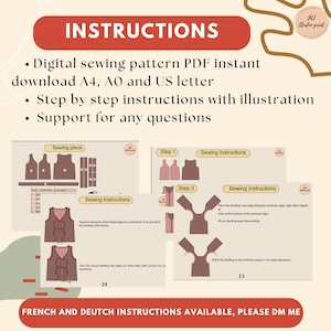 Puede incluir: Un patr&oacute;n de costura digital en PDF con instrucciones. La imagen muestra instrucciones de costura paso a paso con ilustraciones. El patr&oacute;n est&aacute; disponible para descargar en formatos A4, AO y US letter. El texto dice "Instrucciones" en una pancarta roja.