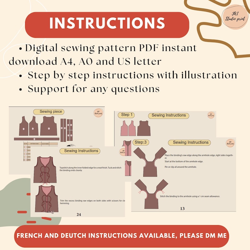 Puede incluir: Un patr&oacute;n de costura digital en PDF con instrucciones. La imagen muestra instrucciones de costura paso a paso con ilustraciones. El patr&oacute;n est&aacute; disponible para descargar en formatos A4, AO y US letter. El texto dice "Instrucciones" en una pancarta roja.