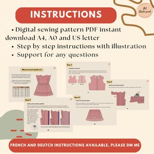 K&ouml;nnte beinhalten: Ein digitales Schnittmuster-PDF mit Schritt-f&uuml;r-Schritt-Anleitungen. Die Anleitung enth&auml;lt Illustrationen und Unterst&uuml;tzung bei Fragen. Das Muster ist als A4, AO und US Letter verf&uuml;gbar. Der Text "INSTRUCTIONS" steht oben.