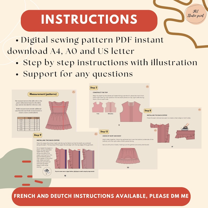 K&ouml;nnte beinhalten: Ein digitales Schnittmuster-PDF mit Schritt-f&uuml;r-Schritt-Anleitungen. Die Anleitung enth&auml;lt Illustrationen und Unterst&uuml;tzung bei Fragen. Das Muster ist als A4, AO und US Letter verf&uuml;gbar. Der Text "INSTRUCTIONS" steht oben.