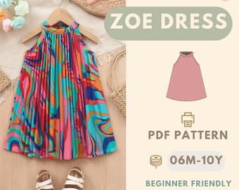 Zomer schattige geplooide vakantiejurk naaipatroon, kinderpatroon, zomerjurkpatroon, beginnerspatroon, naaipatroon peuter, babypatroon