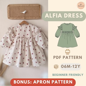 May include: A cream-coloured dress with a pattern of red bows and long sleeves, hanging on a wooden hanger. The image includes a green dress illustration, text reading "ALFIA DRESS", and "PDF PATTERN". The dress is for sizes 06M-12Y.
