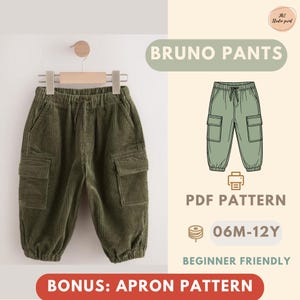 May include: Olive green corduroy trousers with an elasticated waistband, drawstring, and two side cargo pockets. The image includes text reading BRUNO PANTS, PDF PATTERN, 06M-12Y, BEGINNER FRIENDLY, and BONUS: APRON PATTERN, alongside a line drawing illustration.
