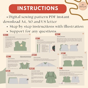 May include: A digital sewing pattern PDF with step-by-step instructions and illustrations. The instructions include how to download the pattern in A4, AO, and US letter sizes. The image shows a green dress with ruffles.