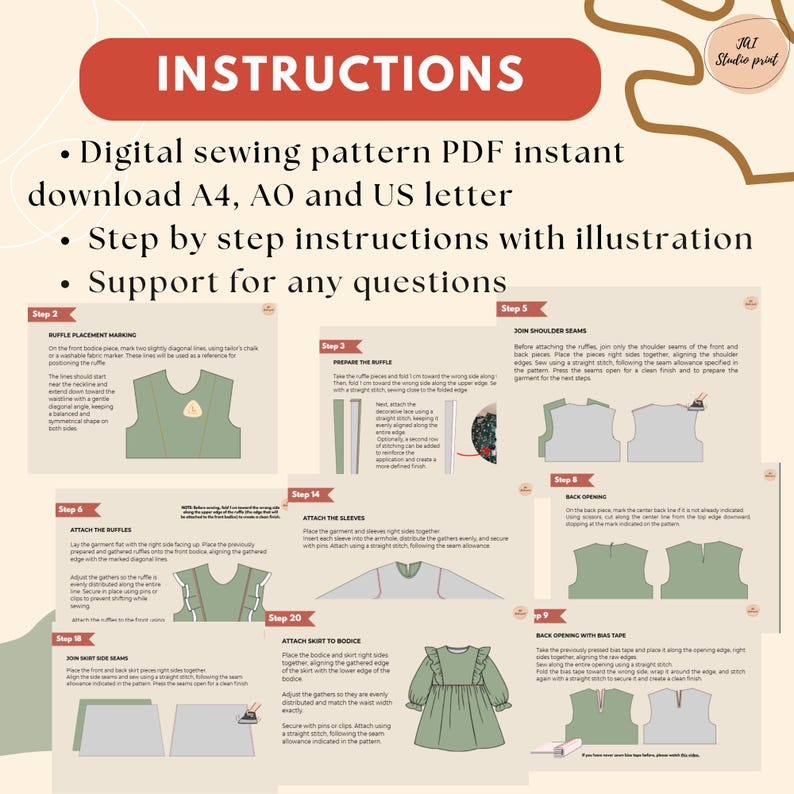 May include: A digital sewing pattern PDF with step-by-step instructions and illustrations. The instructions include how to download the pattern in A4, AO, and US letter sizes. The image shows a green dress with ruffles.
