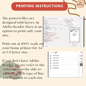 May include: Image with printing instructions for pattern files. Text includes "PRINTING INSTRUCTIONS", "Adobe Reader", and size options. A screenshot shows print settings at 100% scale for A4 or US letter size.