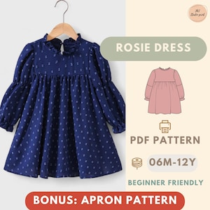 May include: A navy blue dress with white polka dots, long sleeves, and a ruffled collar is displayed on a hanger. The image includes the text "ROSIE DRESS", "PDF PATTERN", "06M-12Y", "BEGINNER FRIENDLY", and "BONUS: APRON PATTERN".