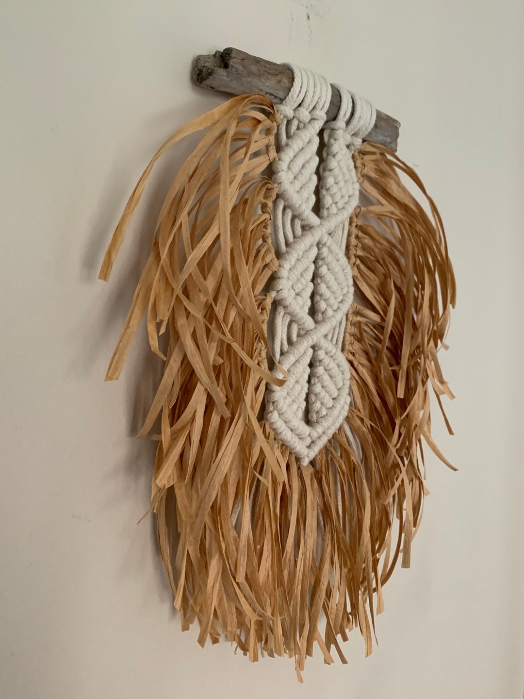 Bohemian Macrame Wall Hanging: Raffia & Recycled Cotton, Driftwood ...