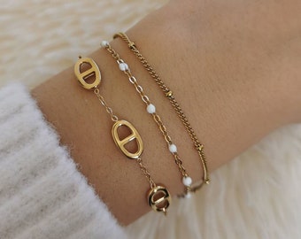 Triple gold stainless steel chain bracelet • Christmas gift idea • Handmade jewelry • White, Blue/green, pink • Jewelery • Trio model