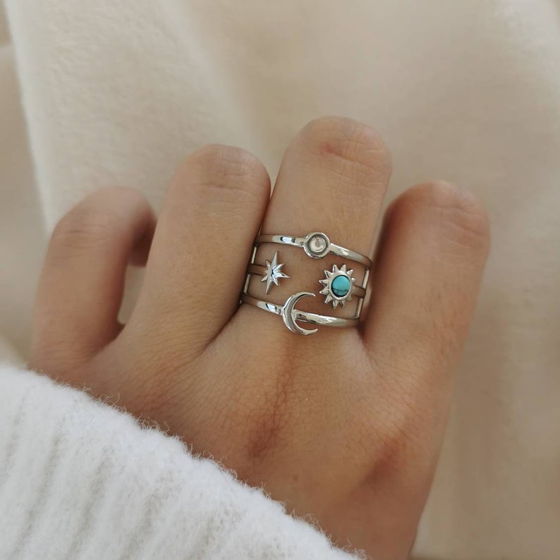 Verstelbare roestvrijstalen ring Verstelbaar Kerstcadeau-idee Damessieraden Stenen ring Model Zoé Zwart, roze, blauw/groene steen Argenté&Bleu