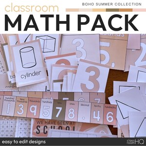 May include: A set of printable classroom maths posters with a boho summer theme. The posters feature numbers, place value charts, and geometric shapes. The text "We have been at school" is visible at the bottom of the image. The posters are designed to be easy to edit.