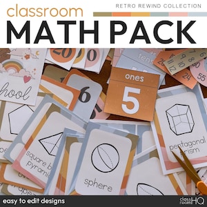 May include: A set of colorful printable classroom math cards with geometric shapes, numbers, and words like "ones", "tens", and "school". The cards have a retro design with orange, blue, and white colors.