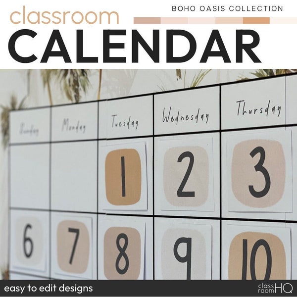 Ruhiges Klassenzimmer-Dekor, neutrales Klassenthema, großer Klassenzimmer-Kalender | BOHO OASIS-Kollektion