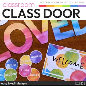 Watercolor Rainbow Theme Classroom Decor Class Door + Bulletin Board Display | WATERCOLOR PAINT Collection