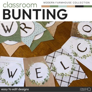 Botanical Greenery Theme Classroom Decor Class Bulletin Board Bunting Pack | MODERN FARMHOUSE Collection