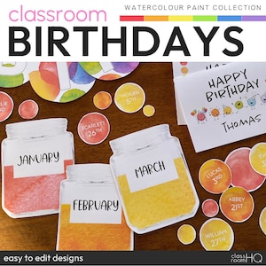 Exibição de aniversário de classe com tema arco-íris aquarela | Decoração de sala de aula com tinta aquarela