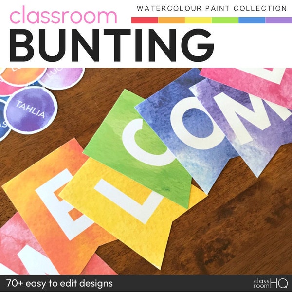 Watercolor Rainbow Theme Classroom Decor Class Bulletin Board Editable Bunting Pack | WATERCOLOR PAINT Collection