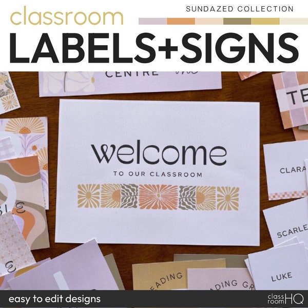 Groovy Vintage Retro Theme Classroom Decor Class Name Labels + Signs Pack | SUNDAZED
