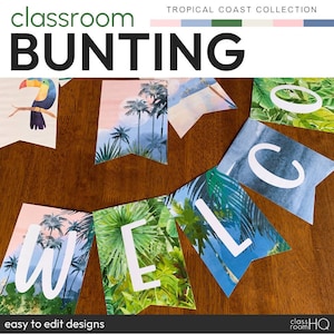 Paquete de banderines para tablón de anuncios de decoración de aula tropical moderna / COSTA TROPICAL