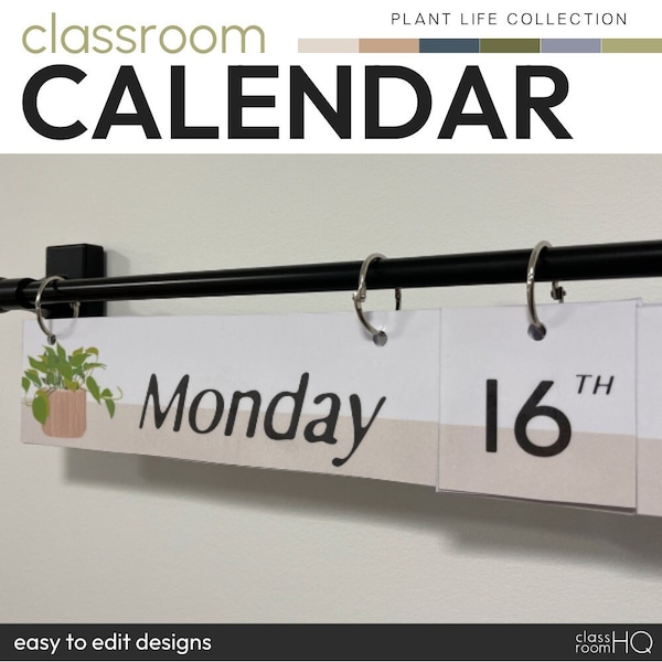 PLANT LIFE Classroom Flip Calendar | Leafy Potted Indoor Plant Classroom Decor