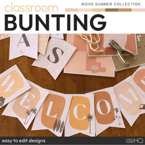 Modern Neutral Boho Theme Classroom Decor Class Bulletin Board Bunting Pack | BOHO SUMMER