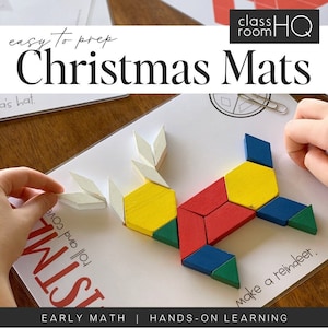May include: A white card with a reindeer shape made of colorful geometric blocks. The text "easy to prep Christmas Mats" is at the top of the card. The text "EARLY MATH | HANDS-ON LEARNING" is at the bottom of the card. The text "make a reindeer" is on the right side of the card.