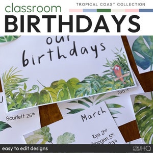 Modern Tropical Theme Editable Class Birthday Bulletin Board Display | TROPICAL COAST Classroom Decor