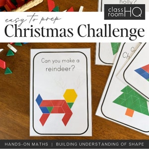 May include: A printable Christmas challenge card with the text "Can you make a reindeer?" and a completed reindeer made from geometric shapes in red, blue, green, and yellow.