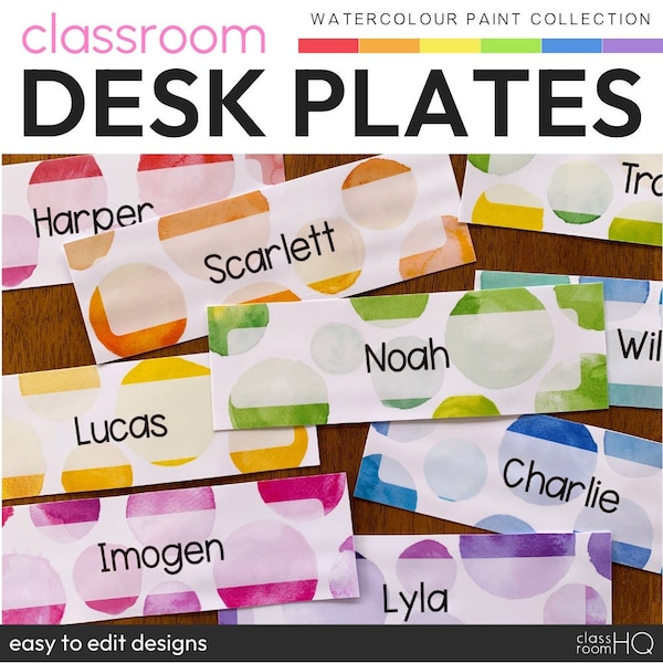 Watercolor Rainbow Theme Classroom Decor Editable Student Desk Labels | WATERCOLOR PAINT Collection