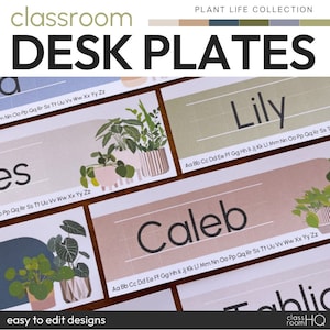Op de afbeelding: Printbare klaslokaal-tafelplaten met een plantenlevensthema. De platen hebben een roze en groene kleurstelling met illustraties van potplanten. De platen zijn gelabeld met de namen "Lily", "Caleb" en "Tablic".