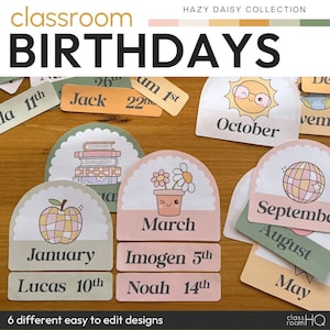 Könnte beinhalten: Klassenzimmer-Geburtstagstafel mit sechs verschiedenen Designs. Jedes Design zeigt einen anderen Monat und eine niedliche Illustration. Die Designs beinhalten einen Bücherstapel, eine Topfpflanze, einen Apfel, eine Sonne, eine Discokugel und einen Globus. Jedes Design hat auch Platz für einen Namen und ein Datum.