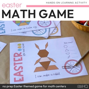 Puede incluir: Un juego de matemáticas de temática de Pascua imprimible para niños. El juego presenta un conejo marrón hecho de formas geométricas y un spinner con diferentes formas. El texto en la página dice "Puedo hacer un conejo." y "¿Cuántos?"