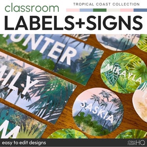 Paquete de etiquetas, carteles y letreros editables para clases con temática tropical moderna Decoración para el aula de la COSTA TROPICAL