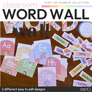 Pastel Modern Rainbow Classroom Decor Editable Word Wall Pack | OVER THE RAINBOW