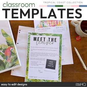 Decoración tropical moderna para el aula Plantillas editables para conocer al maestro + Boletines informativos de la clase / COSTA TROPICAL