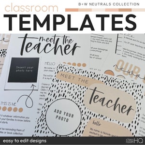 Decoración neutra del aula Plantillas editables para conocer al profesor + Paquete de noticias de clase / Colección NEUTRALS en B+N