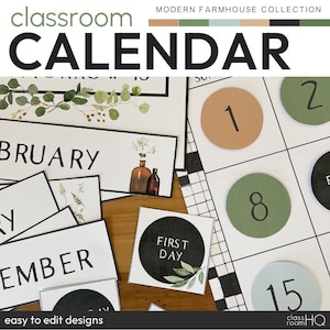 Decoração de sala de aula com tema de vegetação botânica Calendário grande para sala de aula | Coleção QUINTA MODERNA