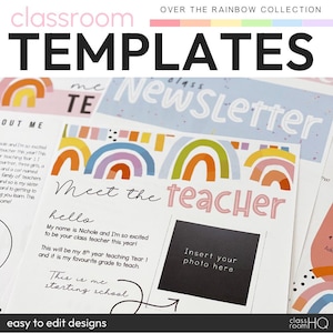 Pastel Modern Rainbow Classroom Decor Editable Meet The Teacher + Plantillas de boletines de clase / OVER THE RAINBOW