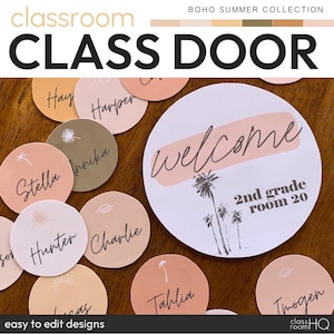 Modern Neutral Boho Theme Editable Class Door Decor and Bulletin Board Display Pack | BOHO SUMMER Classroom Decor