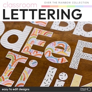 Pastel Modern Rainbow Bulletin Board Letters Editable Lettering Pack OVER THE RAINBOW Classroom Decor