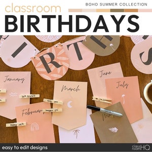 Modern Neutral Boho Theme Editable Class Birthday Bulletin Board Display | BOHO SUMMER Classroom Decor