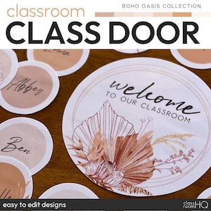 Calm Neutral Boho Class Theme Editable Class Door Decorations + Bulletin Board Display Pack | BOHO OASIS Classroom Decor