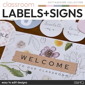 Vintage Cozy Natural Theme bearbeitbare Klasse Bedarfsetiketten, Studenten Namensschilder & Schilder Paket | COTTAGECORE Klassenzimmer Dekor