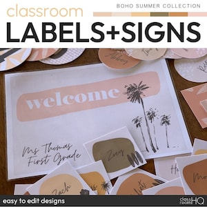 Modern Neutral Boho Theme Editable Class Supply Labels, Signs and Poster Pack | BOHO SUMMER Classroom Decor