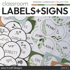 Botanical Greenery Theme Classroom Decor Class Labels + Signs Pack | MODERN FARMHOUSE Collection